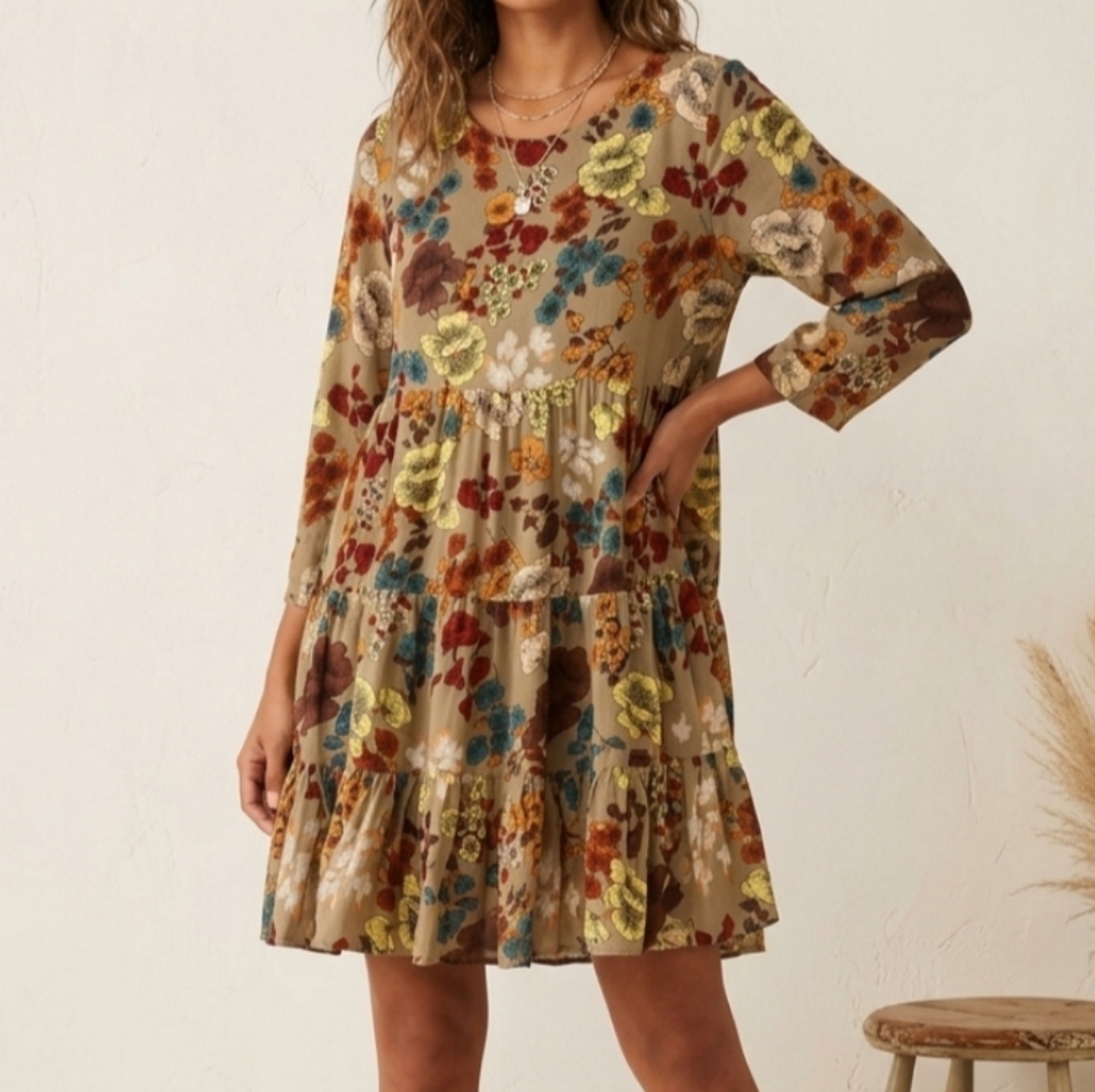 Natural Life Heidi Neutral Floral Tiered Mini Dress Medium